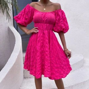 Off the shoulder Ruched Puffed Lantern Sleeved Dress Hot PInk